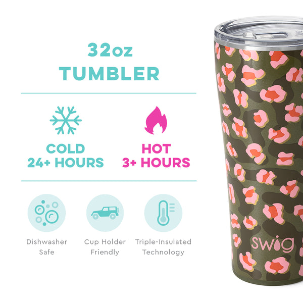 Swig Life 32oz On the Prowl Tumbler temperature infographic - cold 24+ hours or hot 3+ hours