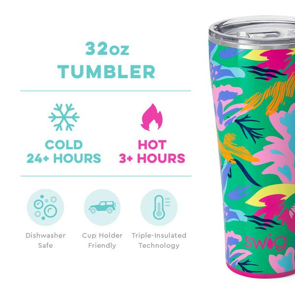 Swig Life 32oz Paradise Tumbler temperature infographic - cold 24+ hours or hot 3+ hours