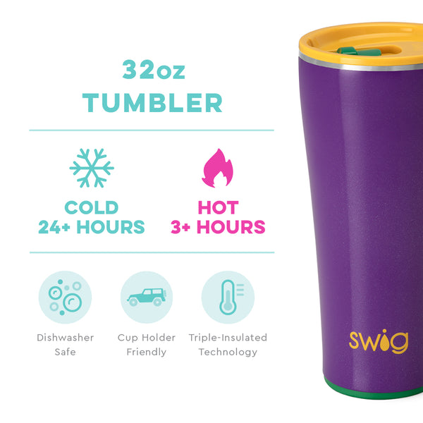 Swig Life 32oz Pardi Gras Tumbler temperature infographic - cold 24+ hours or hot 3+ hours