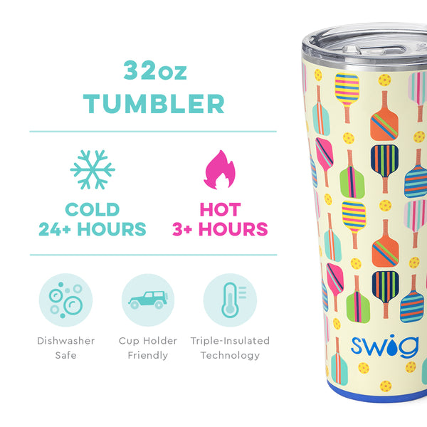 Swig Life 32oz Pickleball Tumbler temperature infographic - cold 24+ hours or hot 3+ hours