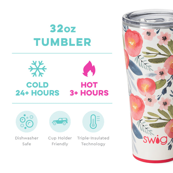 Swig Life 32oz Poppy Fields Tumbler temperature infographic - cold 24+ hours or hot 3+ hours