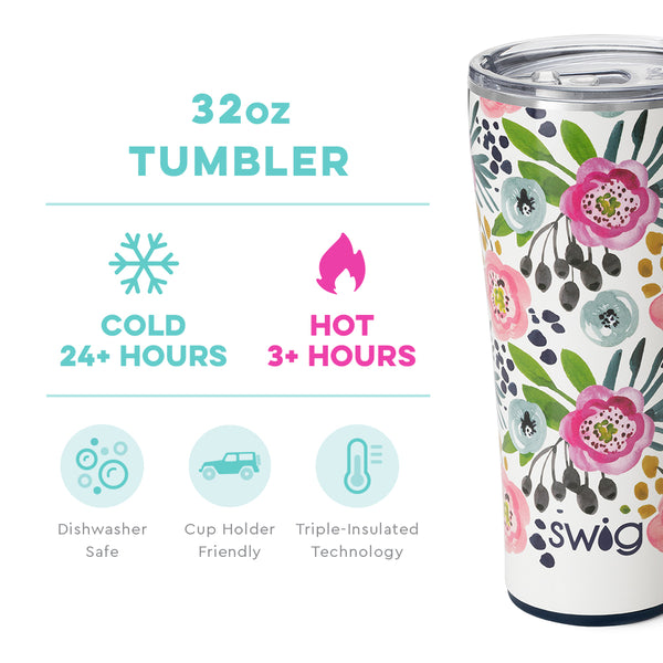 Swig Life 32oz Primrose Tumbler temperature infographic - cold 24+ hours or hot 3+ hours