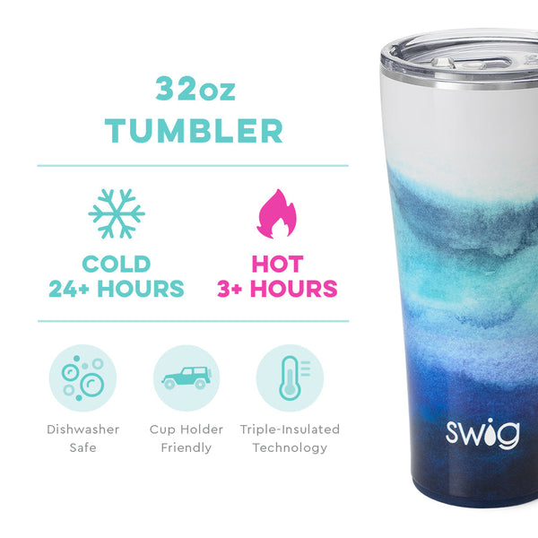 Swig Life 32oz Sapphire Tumbler temperature infographic - cold 24+ hours or hot 3+ hours