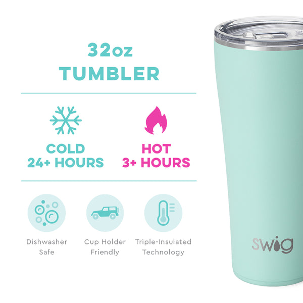 Swig Life 32oz Sea Glass Tumbler temperature infographic - cold 24+ hours or hot 3+ hours