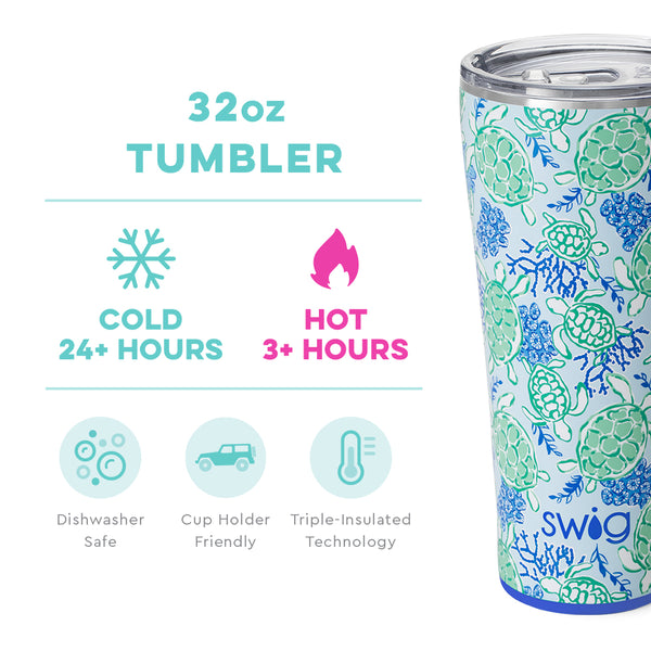 Swig Life 32oz Shell Yeah Tumbler temperature infographic - cold 24+ hours or hot 3+ hours