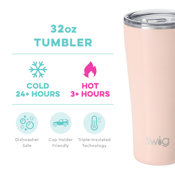 Swig Life 32oz Shimmer Ballet Tumbler temperature infographic - cold 24+ hours or hot 3+ hours
