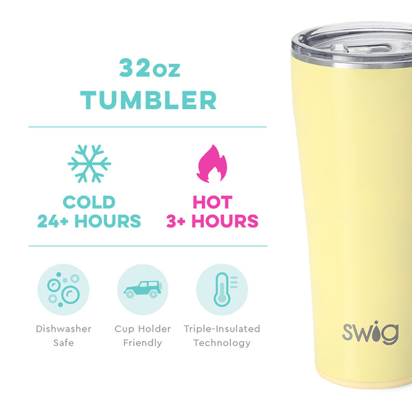 Swig Life 32oz Shimmer Buttercup Tumbler temperature infographic - cold 24+ hours or hot 3+ hours