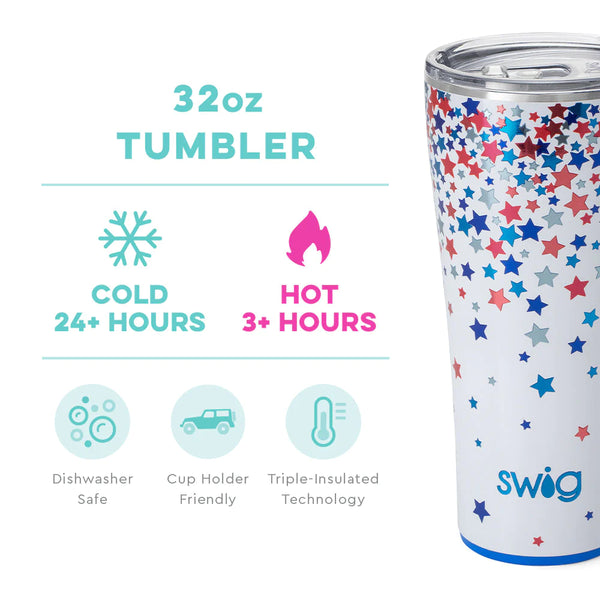 Swig Life 32oz Star Spangled Tumbler temperature infographic - cold 24+ hours or hot 3+ hours