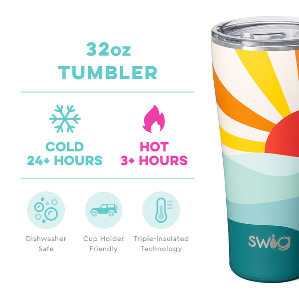 Swig Life 32oz Sun Dance Tumbler temperature infographic - cold 24+ hours or hot 3+ hours