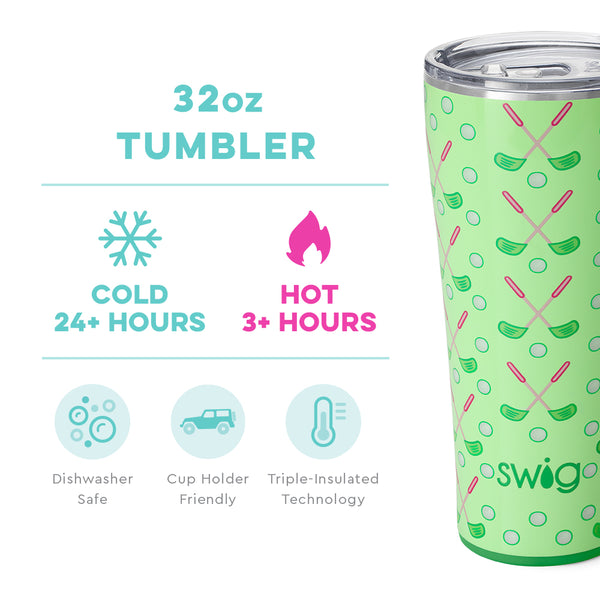 Swig Life 32oz Tee Time Tumbler temperature infographic - cold 24+ hours or hot 3+ hours