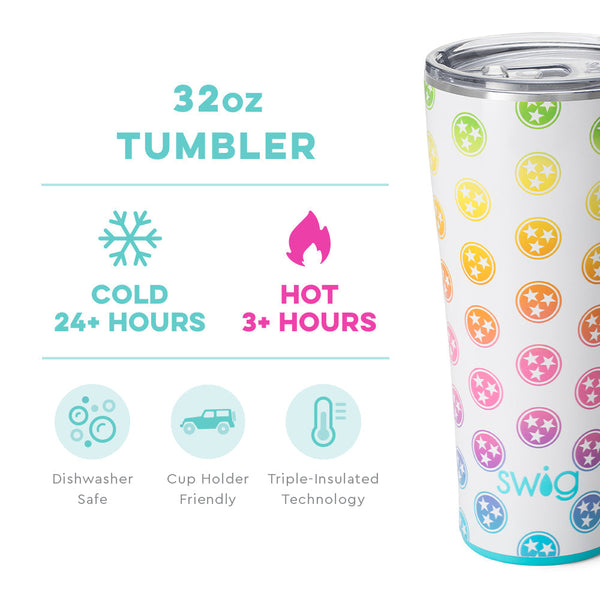 Swig Life 32oz Tennessee Tumbler temperature infographic - cold 24+ hours or hot 3+ hours