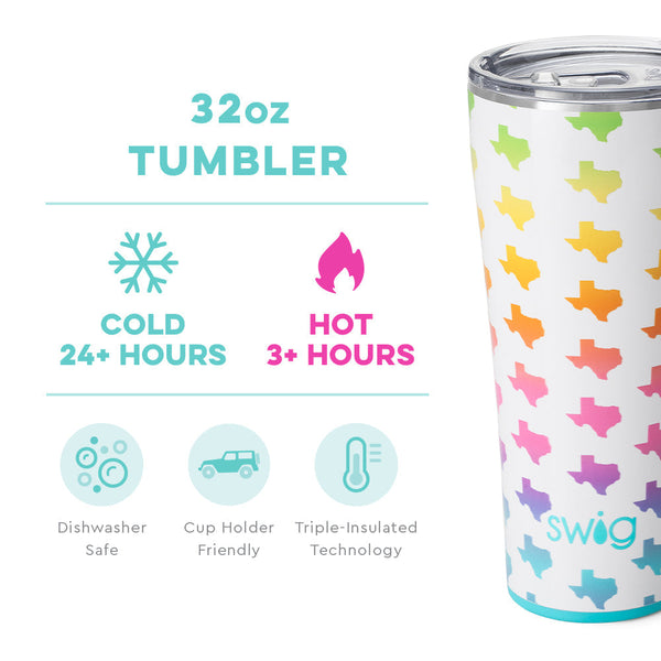 Swig Life 32oz Texas Tumbler temperature infographic - cold 24+ hours or hot 3+ hours