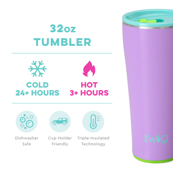 Swig Life 32oz Ultra Violet Tumbler temperature infographic - cold 24+ hours or hot 3+ hours