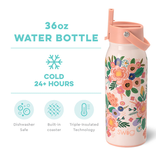Swig Life 36oz Full Bloom Insulated Flip + Sip Cap Water Bottle temperature infographic - cold 24+ hours or hot 3+ hours