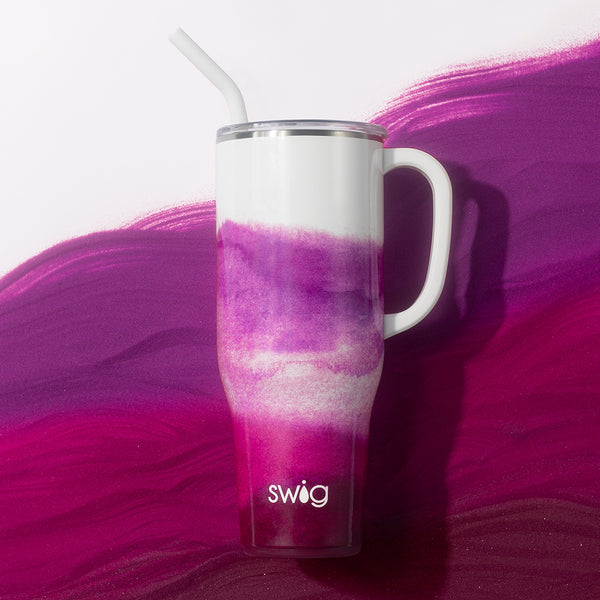 Swig Life 40oz Amethyst Insulated Mega Mug with a lid and handle on a painted purple and white background