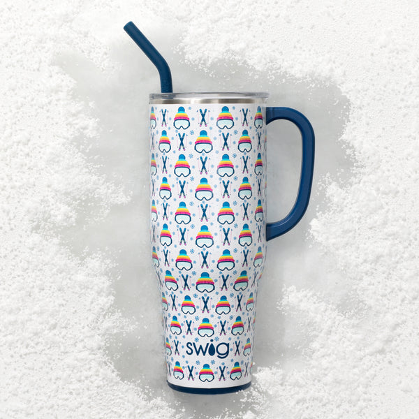 Swig Life 40oz Apres Ski Insulated Mega Mug with a lid and handle on a snowy white background