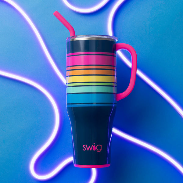 Swig Life 40oz Electric Slide Insulated Mega Mug on a blue background with bright lights