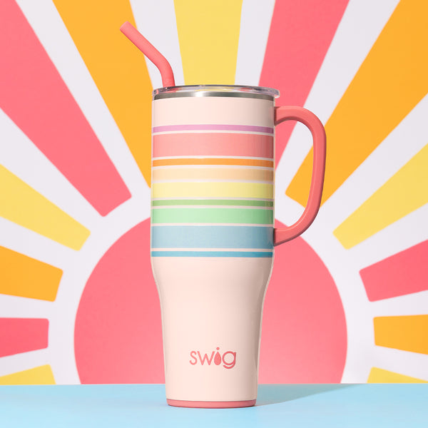 Swig Life 40oz Good Vibrations Insulated Mega Mug on a colorful graphic of a shining sun