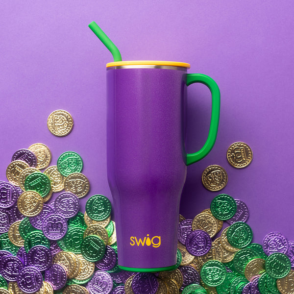 Swig Life 40oz Pardi Gras Insulated Mega Mug on a purple background with colorful coins