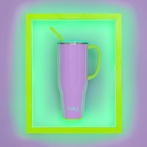 Swig Life Ultra Violet 40oz Insulated Mega Mug with handle and lid on a neon green and purple background