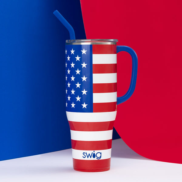 Swig Life 40oz All American Insulated Mega Mug on a red, white, and blue background