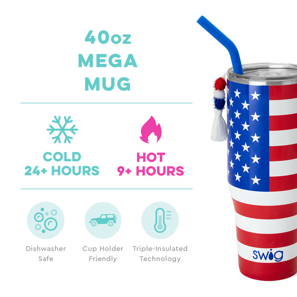 Swig Life 40oz All American Mega Mug temperature infographic - cold 24+ hours or hot 9+ hours