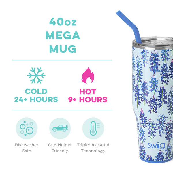 Swig Life 40oz Bluebonnet Mega Mug temperature infographic - cold 24+ hours or hot 9+ hours