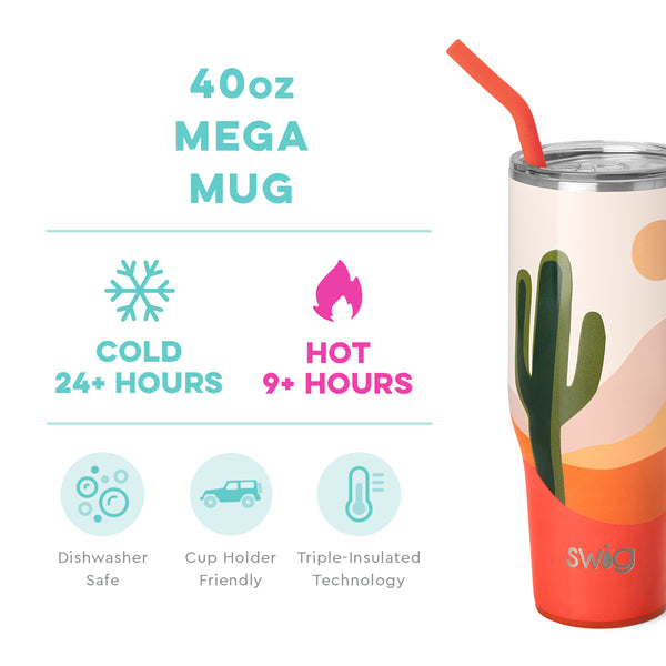 Swig Life 40oz Boho Desert Mega Mug temperature infographic - cold 24+ hours or hot 9+ hours