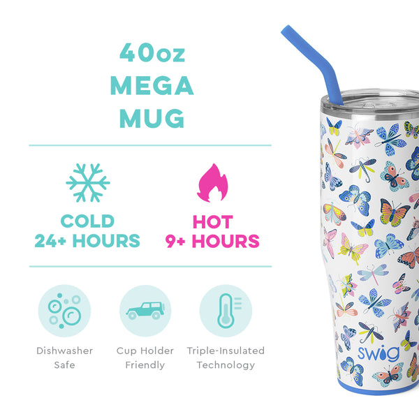Swig Life 40oz Butterfly Bliss Mega Mug temperature infographic - cold 24+ hours or hot 9+ hours