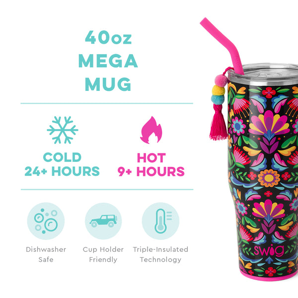 Swig Life 40oz Caliente Mega Mug temperature infographic - cold 24+ hours or hot 9+ hours