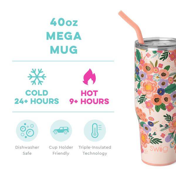 Swig Life 40oz Full Bloom Mega Mug temperature infographic - cold 24+ hours or hot 9+ hours