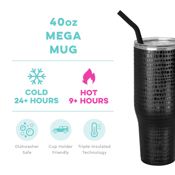 Swig Life 40oz Glamazon Onyx Mega Mug temperature infographic - cold 24+ hours or hot 9+ hours
