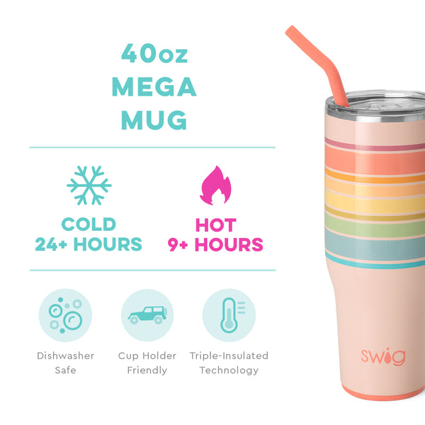 Swig Life 40oz Good Vibrations Mega Mug temperature infographic - cold 24+ hours or hot 9+ hours