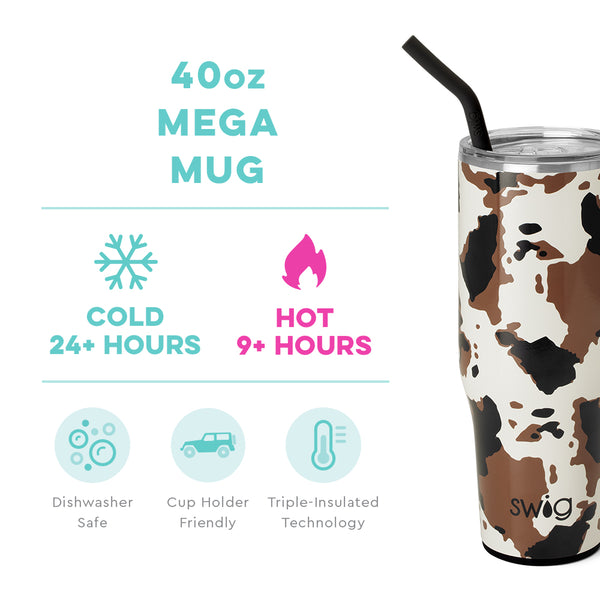 Swig Life 40oz Hayride Cow Print Mega Mug temperature infographic - cold 24+ hours or hot 9+ hours