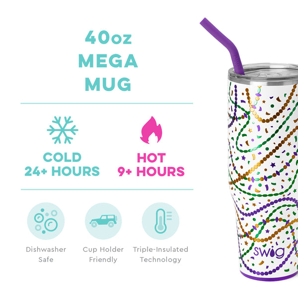 Swig Life 40oz Hey Mister Mega Mug temperature infographic - cold 24+ hours or hot 9+ hours