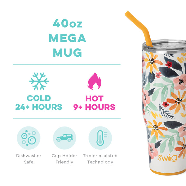 Swig Life 40oz Honey Meadow Mega Mug temperature infographic - cold 24+ hours or hot 9+ hours