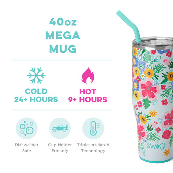 Swig Life 40oz Island Bloom Mega Mug temperature infographic - cold 24+ hours or hot 9+ hours