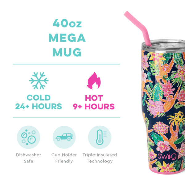 Swig Life 40oz Jungle Gym Mega Mug temperature infographic - cold 24+ hours or hot 9+ hours