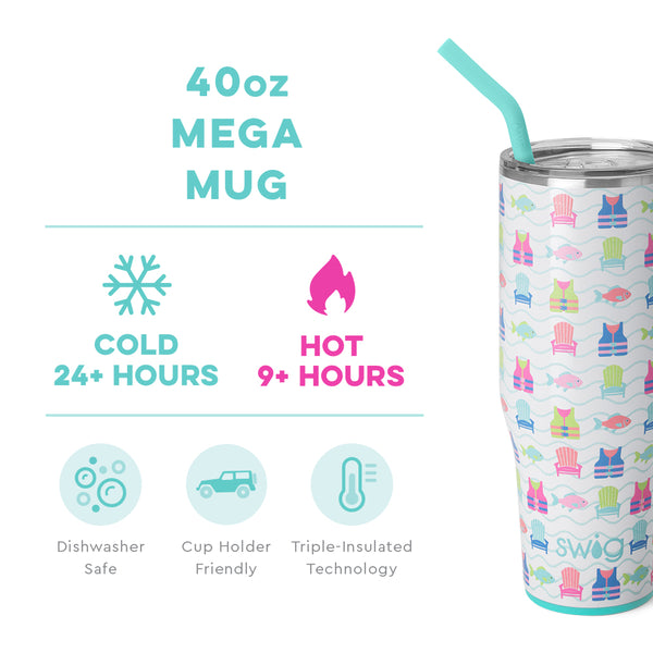 Swig Life 40oz Lake Girl Mega Mug temperature infographic - cold 24+ hours or hot 9+ hours