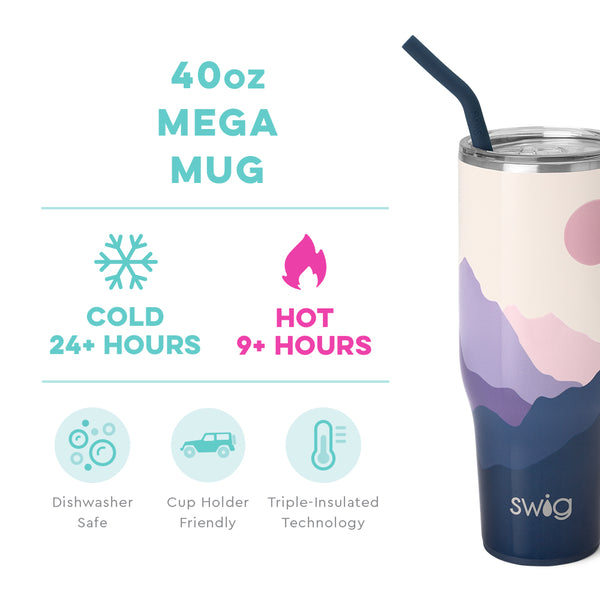 Swig Life 40oz Moon Shine Mega Mug temperature infographic - cold 24+ hours or hot 9+ hours