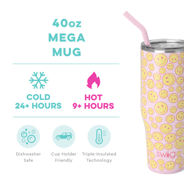 Swig Life 40oz Oh Happy Day Mega Mug temperature infographic - cold 24+ hours or hot 9+ hours