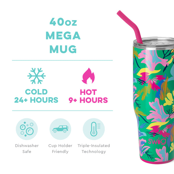 Swig Life 40oz Paradise Mega Mug temperature infographic - cold 24+ hours or hot 9+ hours