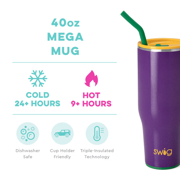 Swig Life 40oz Pardi Gras Mega Mug temperature infographic - cold 24+ hours or hot 9+ hours