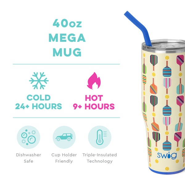 Swig Life 40oz Pickleball Mega Mug temperature infographic - cold 24+ hours or hot 9+ hours