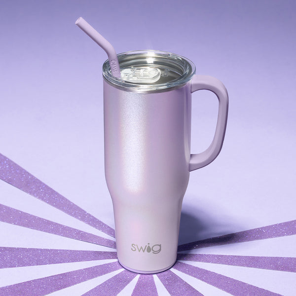 Swig Life Pixie 40oz Insulated Mega Mug on a lavender background with purple glitter stripes