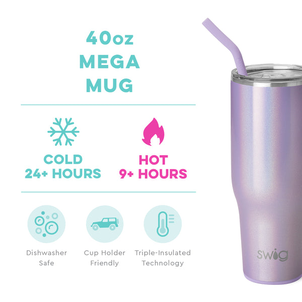 Swig Life 40oz Pixie Mega Mug temperature infographic - cold 24+ hours or hot 9+ hours