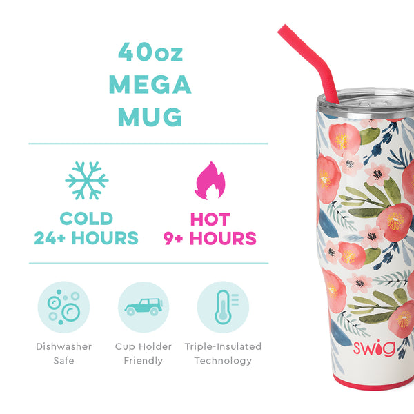 Swig Life 40oz Poppy Fields Mega Mug temperature infographic - cold 24+ hours or hot 9+ hours