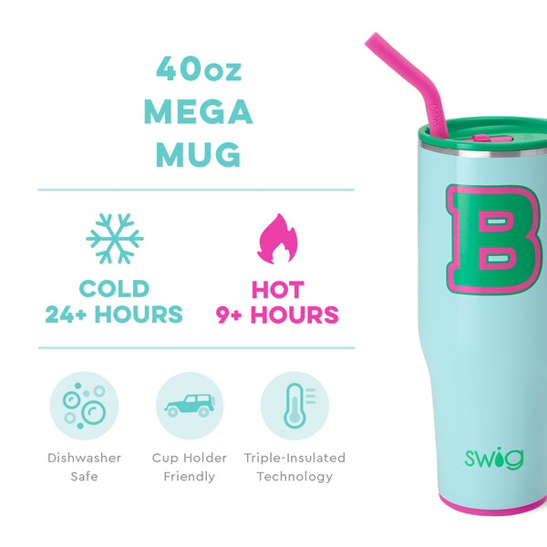 Swig Life 40oz Prep Rally Initial B Mega Mug temperature infographic - cold 24+ hours or hot 9+ hours