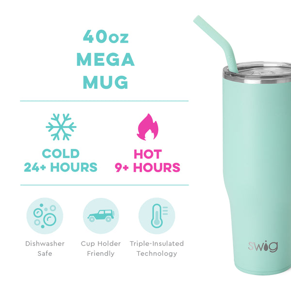 Swig Life 40oz Sea Glass Mega Mug temperature infographic - cold 24+ hours or hot 9+ hours