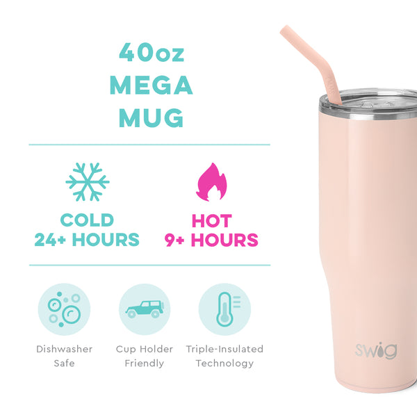 Swig Life 40oz Shimmer Ballet Mega Mug temperature infographic - cold 24+ hours or hot 9+ hours